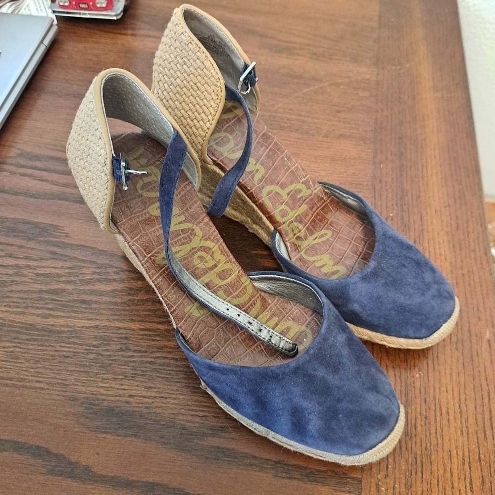 Sam Edelman Harmony Navy Blue Suede Espadrille Wedge Sandals T-Strap 8.5M